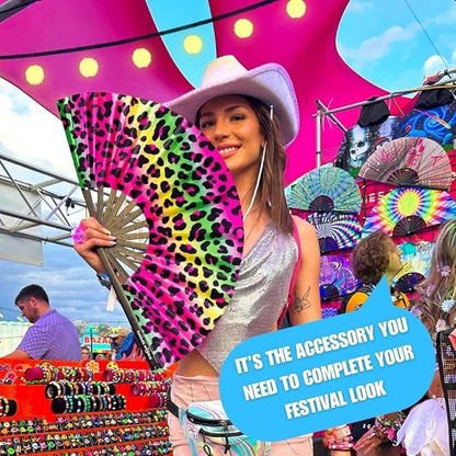 Kandies World UV Reactive Custom Festival Folding Hand Fan - Unique Designs, Made of Bamboo, Clacking Sound, Lightweight - Perfect Rave and Festival Accessory!