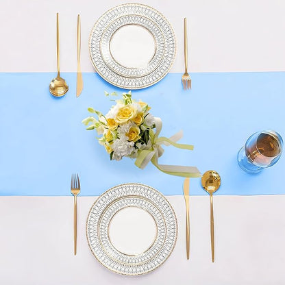 SHEJIZE 10 Pack Light Blue Satin Table Runner 12x108 Inches Long, Bright Silky Smooth Satin Table Runner Table Decor for Wedding Banquet Christmas Prom Event Birthday Party