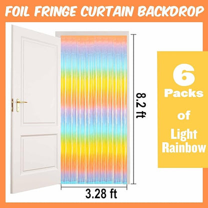 6 Pack Light Rainbow Foil Fringe Curtains Backdrop, 3.28 x 8.2 Ft Metallic Streamers Tinsel Curtains Background for Photo Booth, Birthday, Weddings, Carnivals, Graduation, Themed Party Decorations