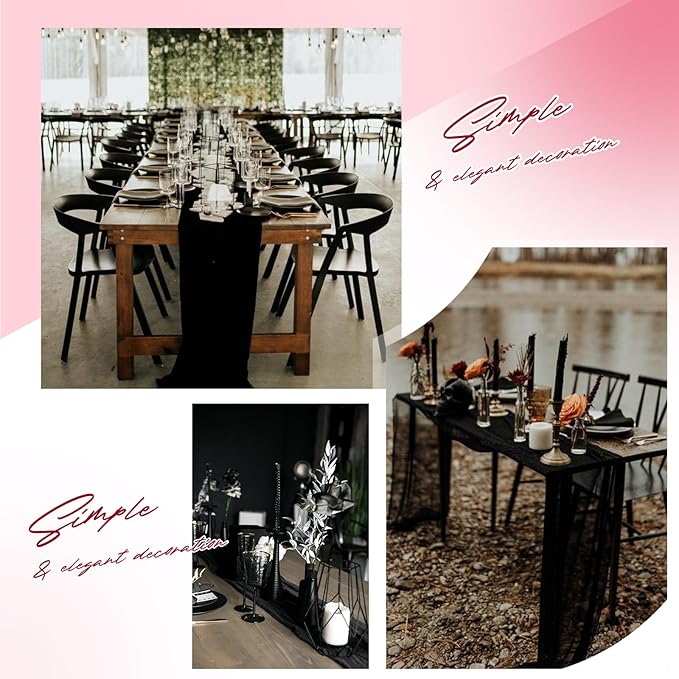 Aktor 4 Pack Black Table Runner Boho Cheesecloth Table Runner Semi Sheer Gauze Fabric Runners for Wedding Birthday Baby Shower Party Boho Table Decoration（Black）