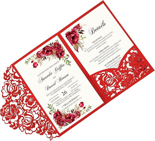 DORIS HOME 50pcs Laser Cut Wedding Invitations with Envelopes Red, 4.7x7.1 Personalized Invitation Cards for Wedding, Anniversary Invitations with Envelopes