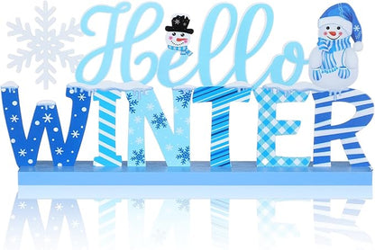 Winter Metal Sign Hello Winter Table Decor Christmas Tiered Tray Decor with Wooden Base Metal Blue and White Snowman Snowflake for Xmas Home Tabletop Centerpiece Mantel Shelf Fireplace