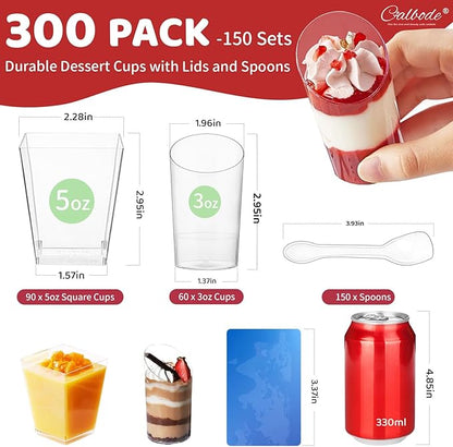 300 Pack Mini Dessert Cups with Spoons – Clear Plastic Parfait Cups for Parties, Ice Cream, Pudding, Fruit Shooters (3oz & 5oz, Oval & Square). Perfect for Appetizers & Entertaining