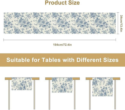 Floral Table Runner, Retro Blue Flower Chinoiserie Sketch Pattern Print Table Runner for Kitchen Dinning Table Runner Decor Home Wedding Party Holiday, 13x36 Inch