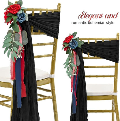 50 PCS Cheesecloth Chair Sashes Bows Wedding Aisle Decorations Chair Ribbon Ties Back Sash for Wedding Party Events Banquet Chair Cover Decoration (Black)