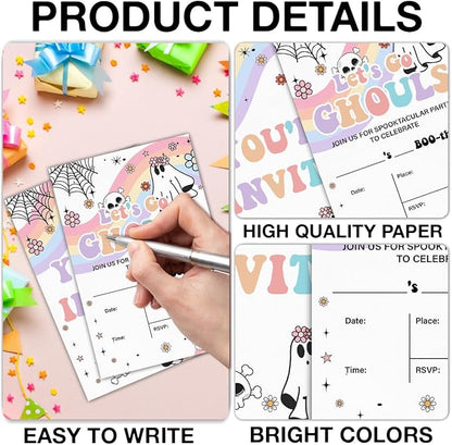 Halloween Birthday Invitations Groovy Rainbow Ghost Halloween Birthday Party Fill in Invites Cards With Envelopes (20 Count) Double Sided Design, Let's Go Ghouls