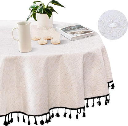MYSKY HOME 60 Inch Round Cotton Tablecloth, Heavy Duty, Waterproof, Wrinkle Resistant, Black Tassels, Modern Elegant Design, Kitchen, Dining, Parties, Events