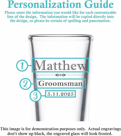 Custom Engraved Shot Glass – 2oz Tall Clear Glass – Personalized Gift for Wedding Party – Classic Etched Barware Keepsake for Groomsmen, Bridesmaids, and More (6)