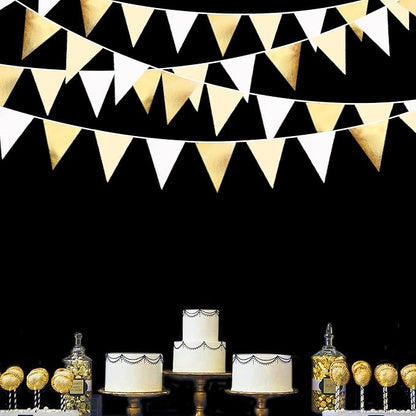 White and Gold Party Decorations Gold Beige White Fabric Triangle Pennant Banner Flag Bunting Garland for Graduation Wedding Birthday Bridal Shower Anniversary Engagement Baptism Party Supplies