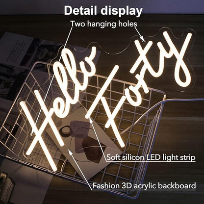 LED Hello Forty Neon Sign 16.5x9.4 inch - Dimmable Wall Decor for 40th Birthday, Bedroom, Office, Beauty Salon with USB Power