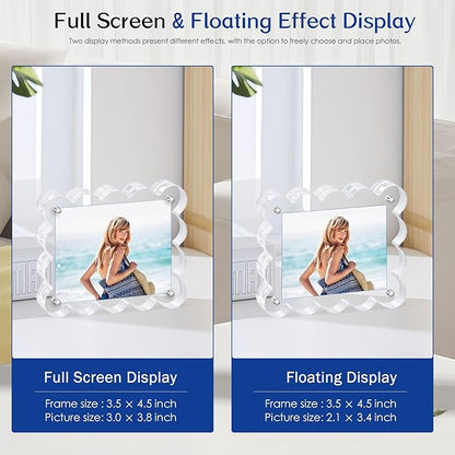 6Pack Magnetic Acrylic Picture Frames 2×3 Inch - Scalloped Glass Frame with 10+10mm Thick Block, Double Sided Clear Frames for Desktop Display | Trendy Home Gift