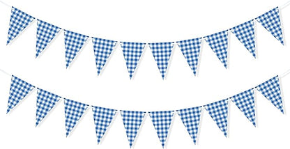 2 Pieces Blue Checkered Flags Banner, Double Sided Blue and White Gingham Bunting Garland for Summer BBQ Picnic Wedding Baby Shower Birthday Party Decorations Supplies