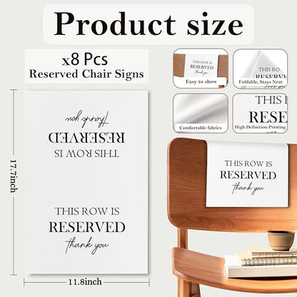 Reserved Seating Chair Signs, This Row Is Reserved Pew Cloths Seating Placeholder for Church Pews, Wedding Decorations for Reception Parties Celebrations Event Meetings (8 PCS, White)