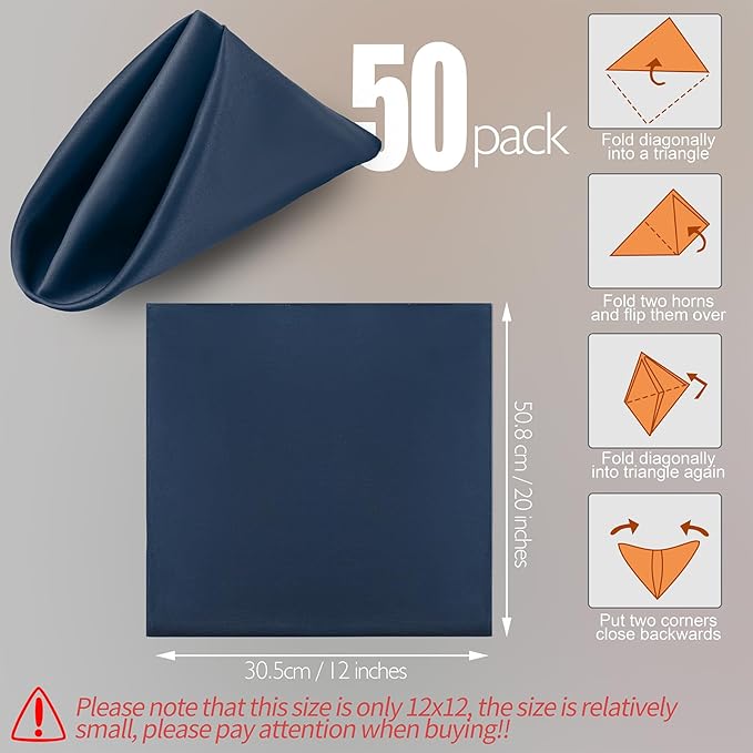 Manyshofu 50 Pieces Navy Blue Satin Napkins - 12x12 Inches Cloth Napkins, Square Satin Fabric Napkin Set - Elegant & Smooth Table Napkins for Wedding Dinner Party Lunch Banquet Decoration