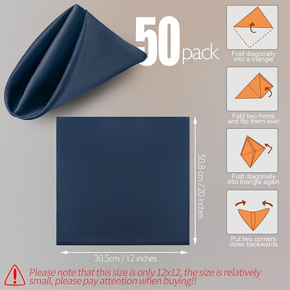 Manyshofu 50 Pieces Navy Blue Satin Napkins - 12x12 Inches Cloth Napkins, Square Satin Fabric Napkin Set - Elegant & Smooth Table Napkins for Wedding Dinner Party Lunch Banquet Decoration