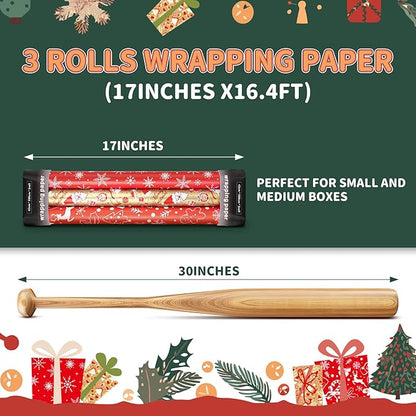 Christmas Gift Wrapping Paper Rolls,3 Rolls 17inches x 198inches Reversible Gift Wrapping Paper, Red Gold White Wrapping Paper, Snowflakes, Stripes, Plaid, Santa hat, Christmas decorations