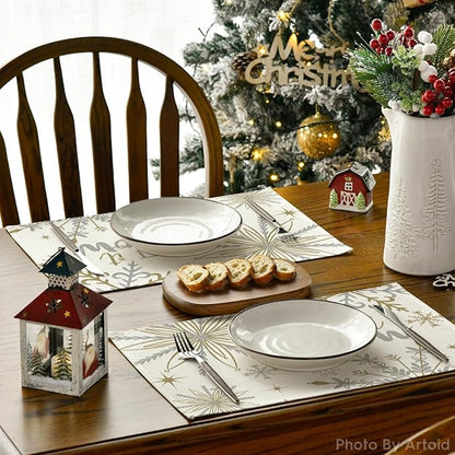 Artoid Mode Beige Snowflake Let It Snow Winter Placemats Set of 4, 12x18 Inch Seasonal Christmas Table Mats for Party Kitchen Dining Decoration