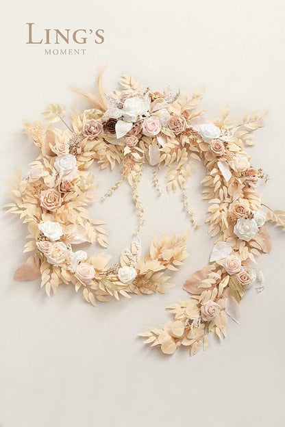 Ling's Moment 9FT Flower Garland for Backdrop Decorations - Wedding Arch Flowers, Eucalyptus & Rose, Artificial Floral Garland for Mantel - Sweetheart Table Decor for Ceremony Reception, White & Beige
