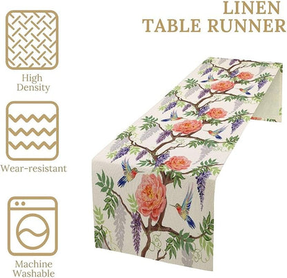 Vintage Bird Flower Table Runner Seasonal Spring Purple Wisteria Garden Plants Lavender Pink Florals Farmhouse Country Kitchen Dinner Runner Dining Table Decoration for Home Party Holiday 13"x90"