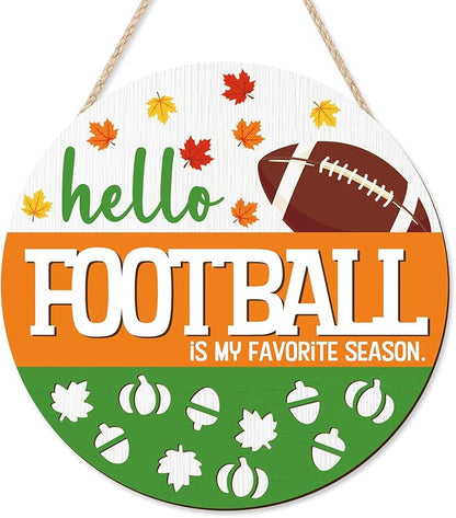 CHDITB Hello Football is My Favorite Season Front Door Sign Wreath(12"x12"), Wooden 3D Fall Decoration Wall Hanging, Farmhouse Rugby Autumn Harvest Maple Leaves Decor Hanger for Front Porch Outdoor