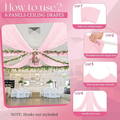 6 Panels Pink Ceiling Drapes for Wedding, 5ftx15ft Ceiling Drapes Cheesecloth Sheer Fabric Curtain Wedding Arch Draping Fabric Romantic Ceilings Decorations for Weddings Party Ceremony Stage