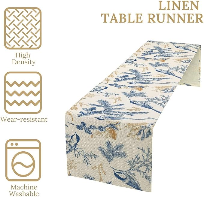 Floral Table Runner,Sketch Birds and Flowers Summer Table Runner Kitchen Dining Table Decoration for Home Party Decor 13x108 Inch