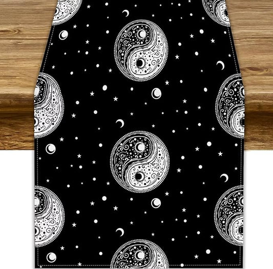 Mystical Celestial Table Runner, Vintage Bohemian Black Yin Yang Symbol Moon Stars Print Table Runner for Office Kitchen Dining Wedding Party Home Coffee Table, 13x120inch