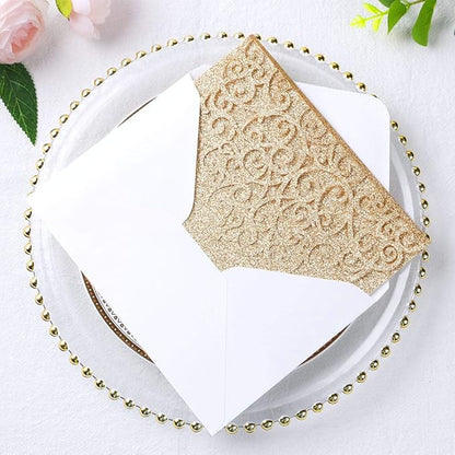 ponatia 5.12 x 7.2 Laser Cut Invitation Pocket, 20PCS Tri-Fold 5 x 7 Laser Cut Wedding Invitation Pockets with Envelopes for Wedding Bbay Shower Birthday Invite (Gold Glitter, No Inner Sheet)