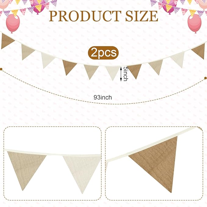 Oudain 15.5 ft Pennant Banner Flags, 2 Pcs Nursery Garland Triangle Bunting Flag Baby Banner for Nursery Decor Baby Birthday Boho Wedding Shower Party Event, Each 7.75 ft(Simple Color)