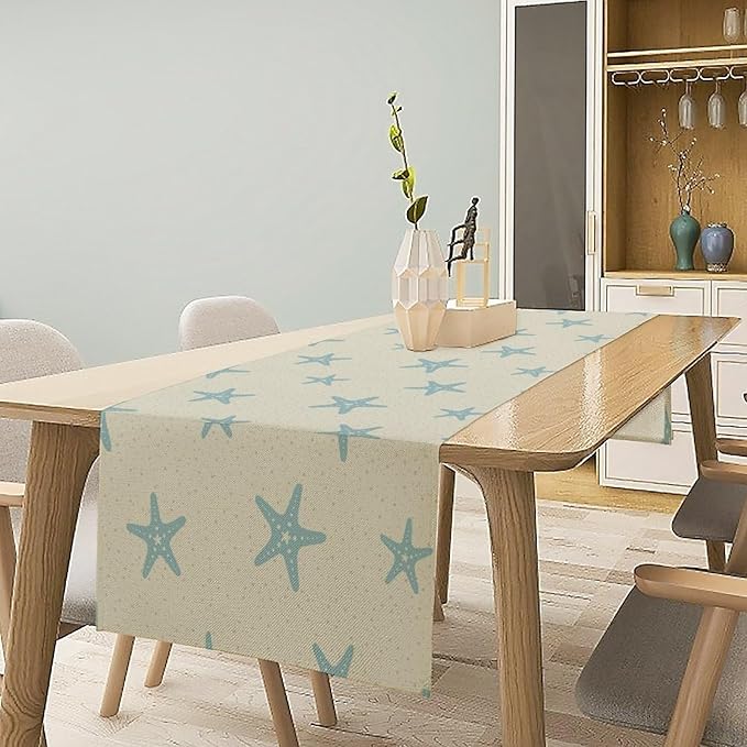 Sea Turtle Table Runner Marine Life Starfish Nautical Blue Green Ocean Theme Kitchen Table Decorations for Indoor Outdoor Home Party Decorations 13 * 108 Inch