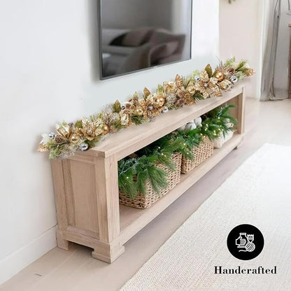5 ft Christmas Garland for Mantle Unlit Garland for Stairs Railing, Banister, Staircase, Fireplace, for Table No Light, Garland Decor Frosted Red Poinsettia Holiday Tree (Glittery Champagne Gold)