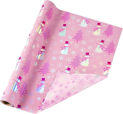 LeZakaa Christmas Pink Wrapping Paper Jumbo Roll, Snowman Christmas Tree & Snowflake Metallic Foil, Rose Gold Foil Reversible Design for Festive Winter Holiday, Family Gathering, 30 inches x 32.8 Feet
