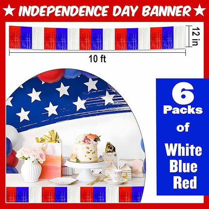 6 Pack 10 Ft White Blue Red Foil Fringe Garland Metallic Streamers Tinsel Banner Wall Hanging Garland Backdrop for Parade Floats, Halloween, Christmas, Thanksgiving, New Year Party Decorations
