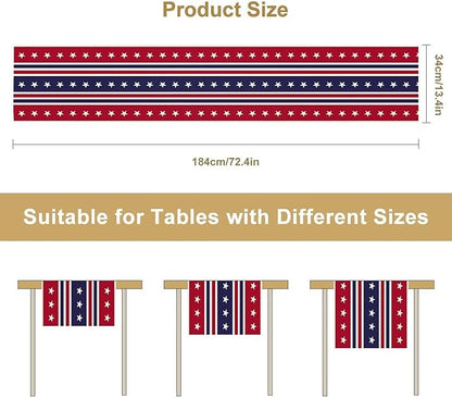 4th of July Table Runner, USA Flag Stars Stripes American Independence Day Red Blue White Stars Lines Print Table Cover for Farmhouse Kitchen Indoor Outdoor Home Party, 13x36inch