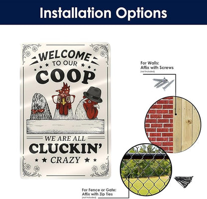 Funny Chicken Coop Sign - "Welcome to Our Coop" Rustic Farmhouse Chicken Decor for Coop or Home, 12" x 8" Metal Tin Sign