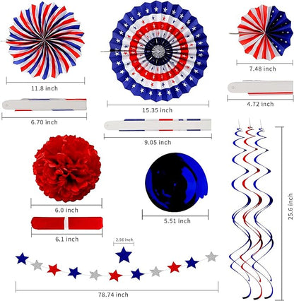 26Pcs 4th of July Decorations Patriotic Decor USA Flag String Red White Blue Paper Fans Star Streamer Pom Poms Hanging Swirls for Memorial Day,Fourth of July,Armed Forces Day,Flag Day