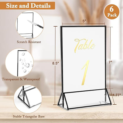 Floroom 6 Pack 5x7 Inch Clear Acrylic Sign Holders, Double-Sided Black Display Stand Picture Frames for Table Numbers, Menus, Flyers, Weddings, and Offices