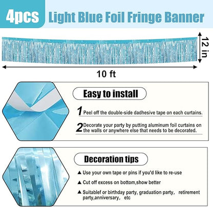 4 Pack 10 Feet Light Blue Foil Fringe Garland Metallic Tinsel Streamers Banner Wall Hanging Curtain Backdrop for Parade Floats, Wedding, Graduate, Mother's Day, Birthday Party Decoration