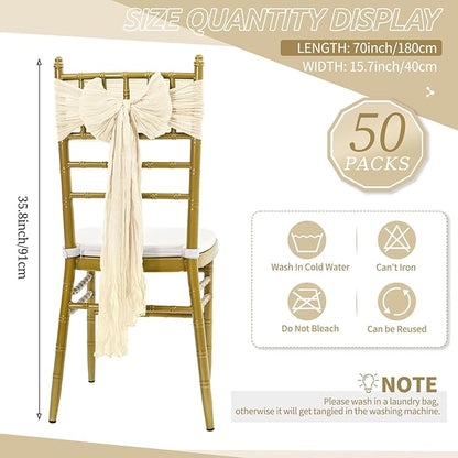 50 PCS Cheesecloth Chair Sashes Bows Wedding Aisle Decorations Chair Ribbon Ties Back Sash for Wedding Party Events Banquet Chair Cover Decoration (Ivory)