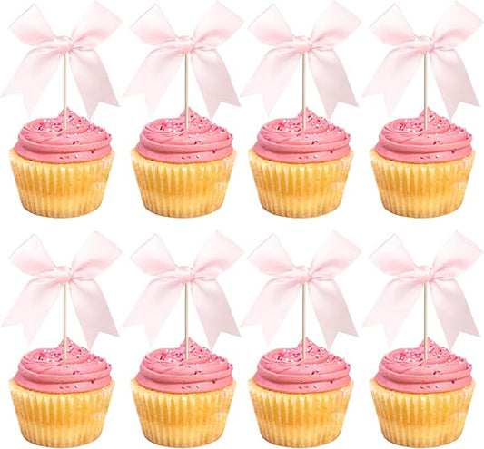 24 PCS Bow Cupcake Toppers Bowknot Coquette Bow Girls Birthday Cake Decorations Bow Cake Toppers Bowknot Cupcake Picks for Baby Shower Birthday Wedding Bridal Engagement Party Supplies Pink
