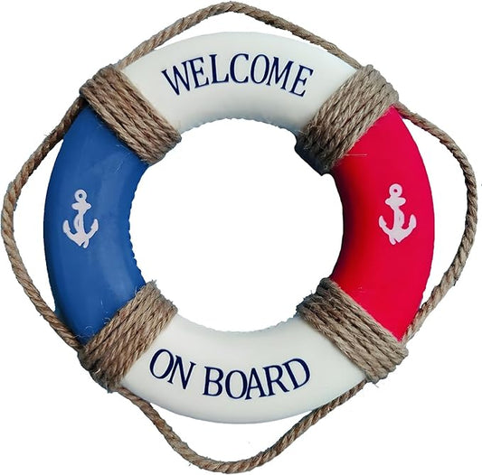 MorroMorn Lifebuoy Wall Hanging Decor - Welcome Aboard Mediterranean Style Home Decoration Hemp Rope (Red & Blue, 10")