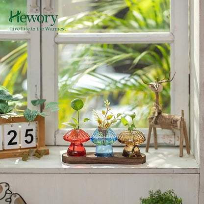 Glass Propagation Station for Plant: Mushroom Planter with Wooden Stand for Home Office Decor - Unique Propagation Jars for Plant Lovers - Set of 3 Hydroponic Mushroom Vases Gift for Mom