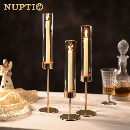 NUPTIO Hurricane Candle Holder for Candlestick: 6 Pcs Gold Taper Candlestick Holders - Tall Modern Candles Stick Decor with Cylinder Shape Cover for Dinner Table Centerpiece