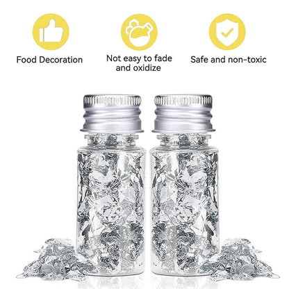 Edible Silver Leaf, Silver Leaf Cake Decoration Gold Flakes Food Gold Foil Decoration Baking Gold Foil Decor Chocolates Decor Silver Leaf Sheets for Cooking Dessert Decoration Crafts Makeup (Silver)