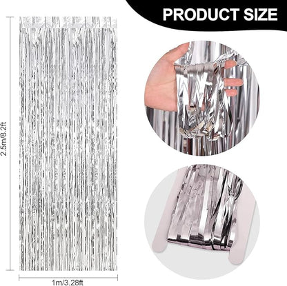 24 Pack Silver Metallic Foil Fringe Curtains, 3.2ft x 8.2ft Foil Fringe Curtain Backdrop Foil Streamers Party Supplies Tinsel Curtain Backdrop for Parties/Birthday/Halloween/Photo Booth