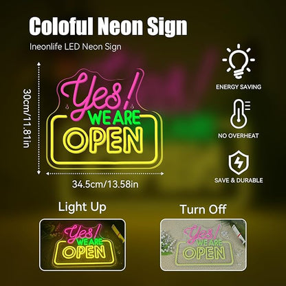 Ineonlife Open Neon Sign Light Up for Wall Decor Yes We Are Open Led Sign for business Acrylic Decoration for bar coffee shop restaurant cafe club party man cave Decorations 13.58x11.81 inch USB POWER
