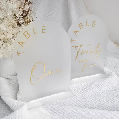JINMURY Frosted Arch Wedding Table Numbers 1-25 with Stands, 5x7 Inch Acrylic Arch Sign with Golden Lettering, Frosted Acrylic Table Numbers for Wedding Reception