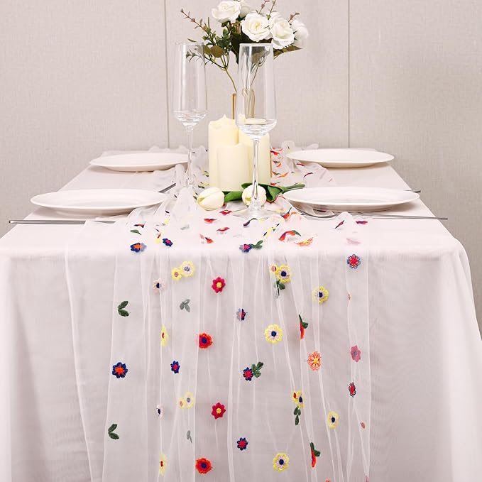 3PCS Lvory Floral Table Runner 10 FT, Embroidery Daisy Table Runners Seasonal Sheer Tulle Table Runner for Thanksgiving Wedding Birthday Baby Shower Party ﻿