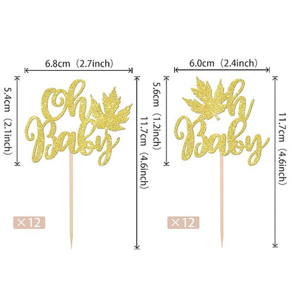 24 PCS Maple Leaf Oh Baby Cupcake Toppers Glitter Fall Baby Shower Cupcake Picks for Thanksgiving Theme Baby Shower Kids Boys Girls Birthday Party Cake Decorations Supplies Gold