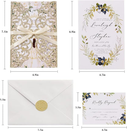 25pcs Glitter Wedding Invitations with Envelopes and RSVP Cards Gold Personalized Laser Cut Party Invitation with Ribbons for Wedding Engagement Baby Bridal Shower Quinceanera Birthday Party Invite